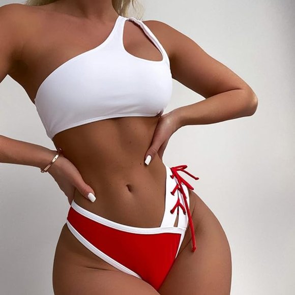 BEAUTIFUL Color Block Asymmetrical One Shoulder Bikini Swimsuit - Picture 1 of 7